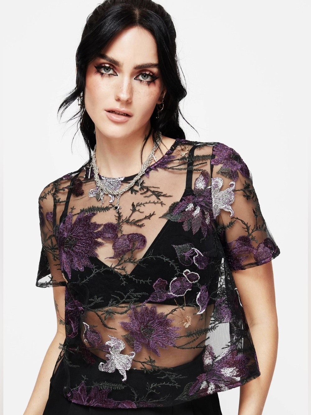 Disturbia Estrid Embroidered Mesh Tie Back Blouse Top US 8 / UK 12